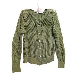 Vintage FieldGear Olive Green Crochet Open-Knit Button-Front Cardigan Sweater